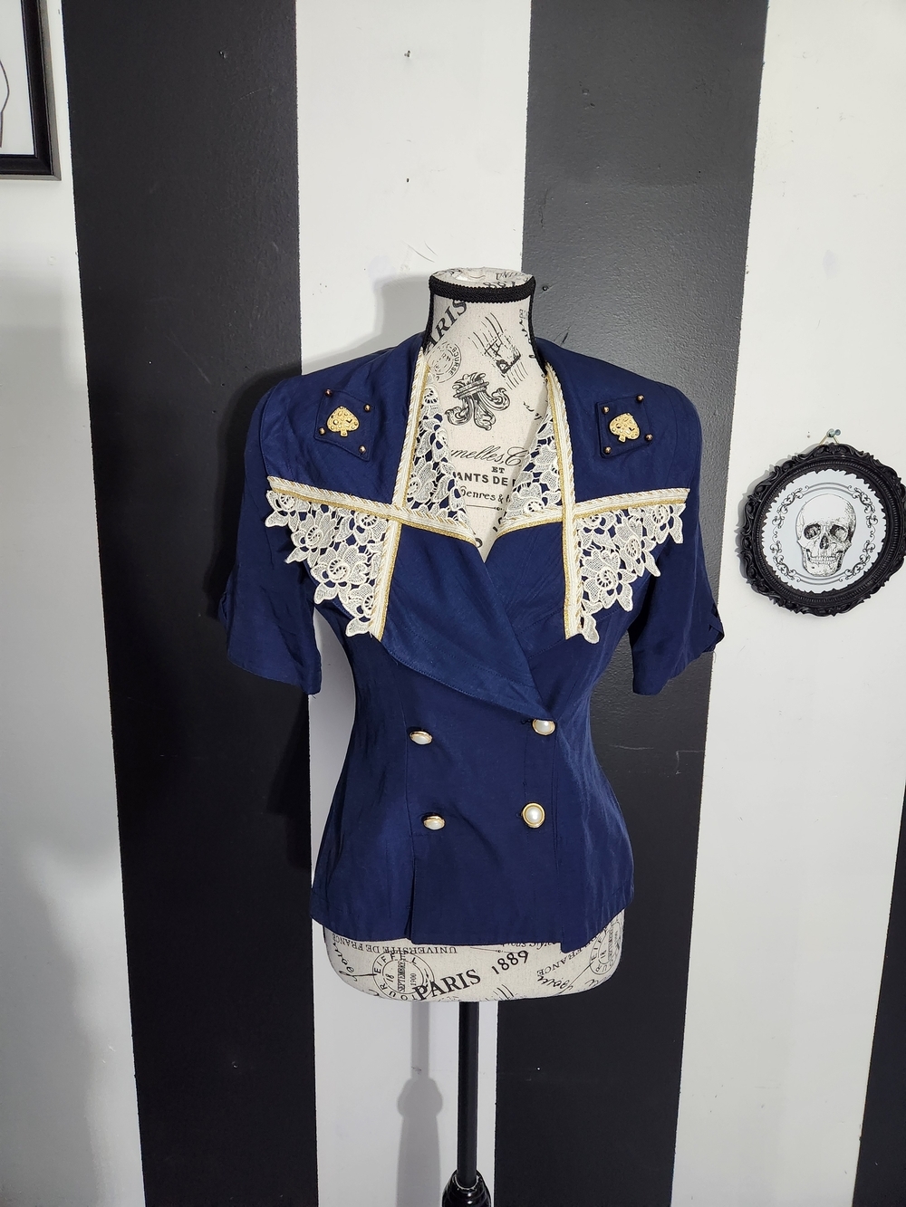 Dark Romance Navy Lace Blazer Top Gothic Coquette Vintage Victorian Style